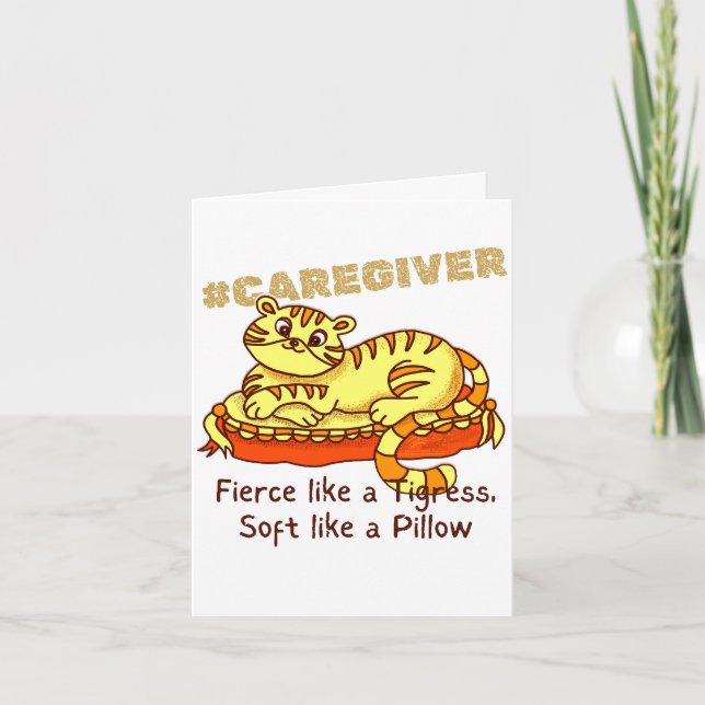 Orange Mini Tigress on Pillow Cartoon Caregiver  Thank You Card (Front)