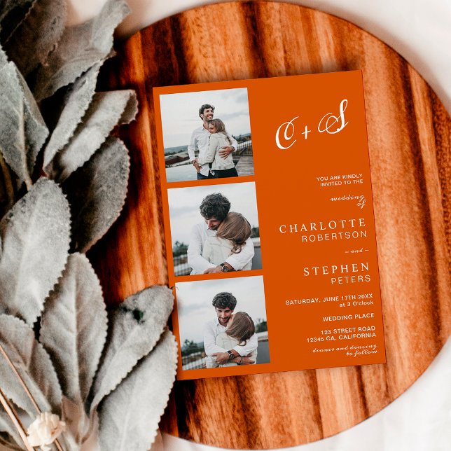 Orange minimalist casual initials photo wedding invitation (Creator Uploaded)