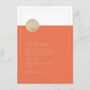 Orange minimalist modern wedding details card