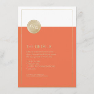Orange minimalist modern wedding details card