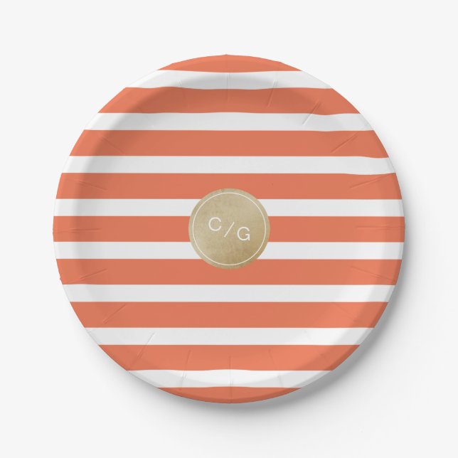 Orange minimalist modern wedding monogram paper plate (Front)