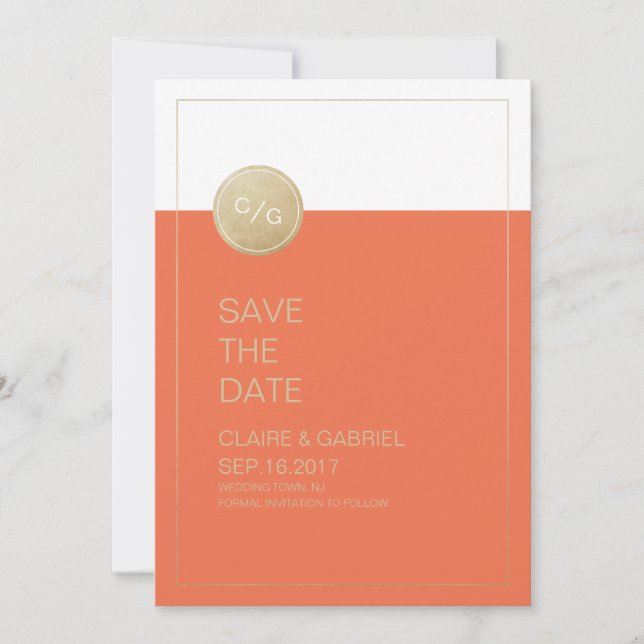 Orange minimalist modern wedding save the date (Front)