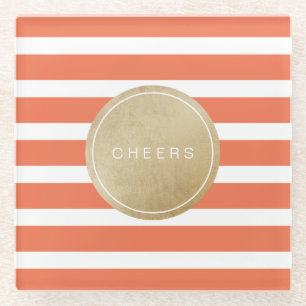 Orange minimalist modern wedding stripes glass coaster