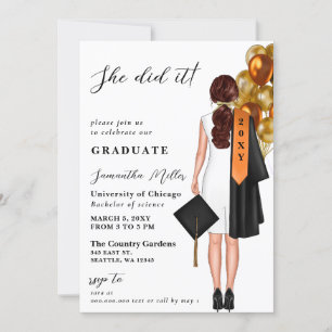 Orange Minimalist Photo She Did It Graduation Invitation