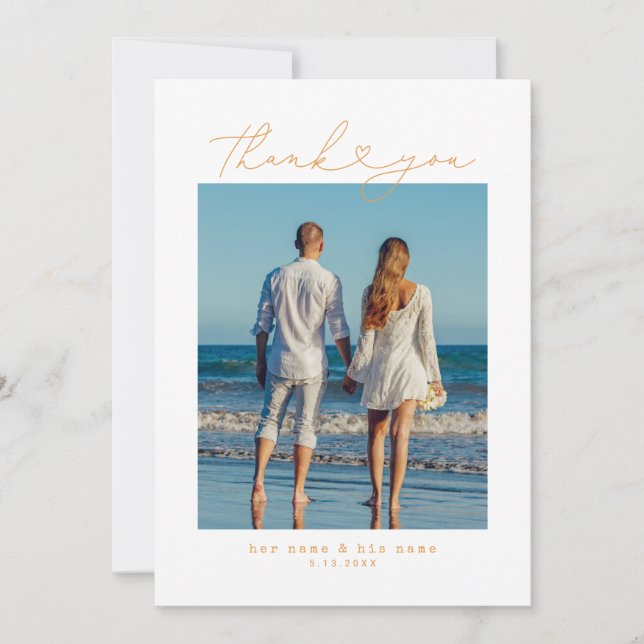 Orange | Minimalist Simple Script Heart Wedding Thank You Card (Front)