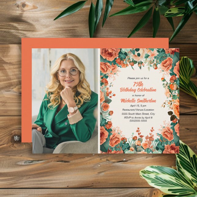 Orange Mint Green Floral 75th Birthday Photo Invitation (Orange watercolor floral photo 75th birthday party invitation)