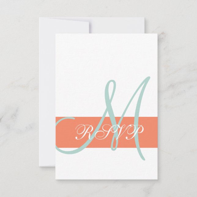 Orange Mint Green Monogram Wedding RSVP Card (Front)