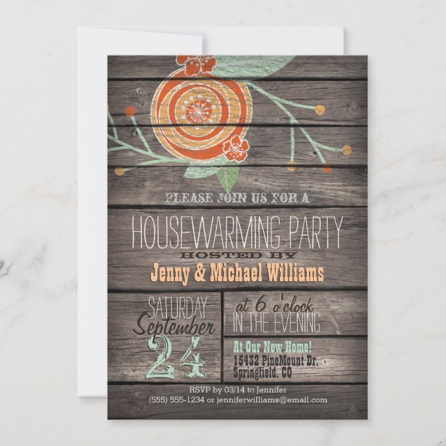 Orange & Mint Green; Rustic Housewarming Party Invitation (Front)