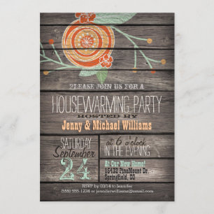 Orange & Mint Green; Rustic Housewarming Party Invitation