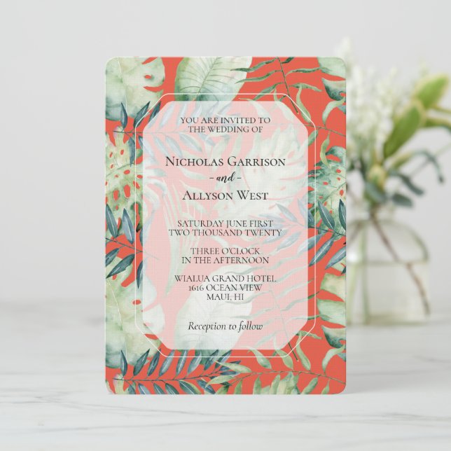 Orange Mint Tropical Green Leaves Wedding Invitation (Standing Front)