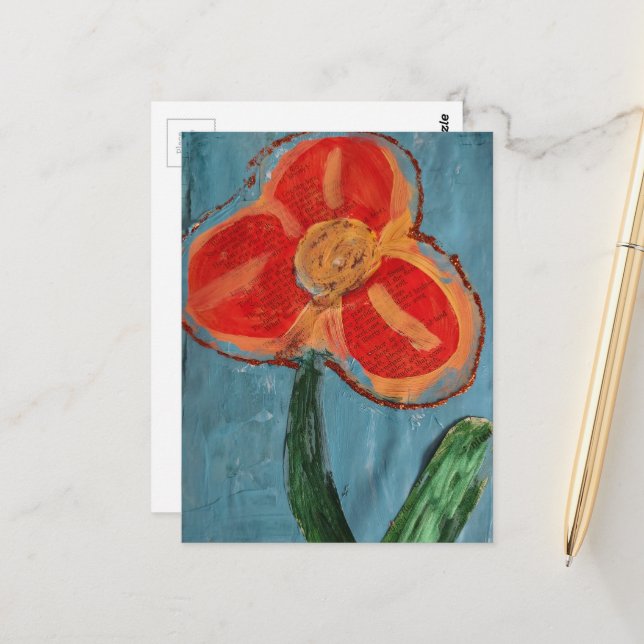 Orange Mixed Media Flower Postcard (Front/Back In Situ)