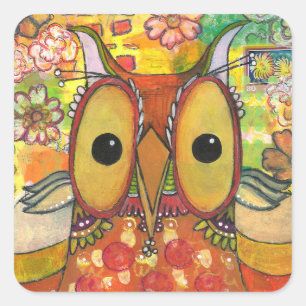 Orange Mixed Media Owl Square Sticker