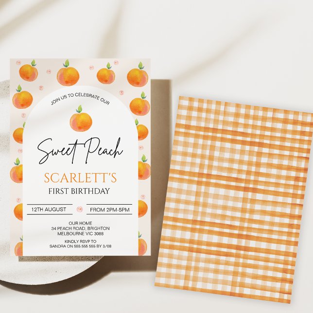 Orange Modern Arch Our Sweet Peach 1st Birthday Invitation (Arch Girls Our Sweet Peach Birthday Invitations, Little Peach invite, 1st Birthday Invitations Girl )