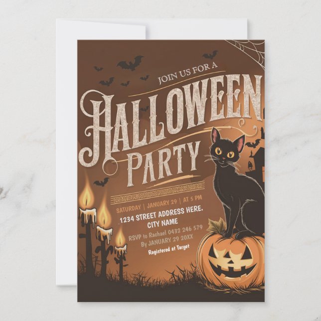 Orange Modern black Cat Halloween Party Invitation (Front)