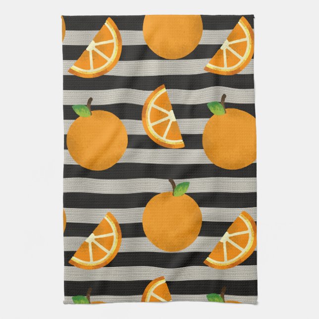 Orange Modern Black & White Stripes Tea Towel (Vertical)