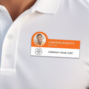 Orange Modern Business Logo Photo Employee Name Tag