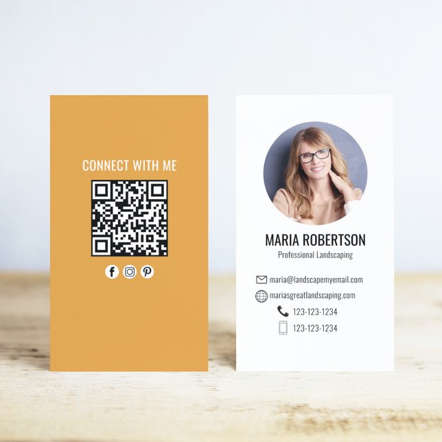 Orange Modern Business Photo QR Code Business Card (Business card with orange with a scannable QR code.)