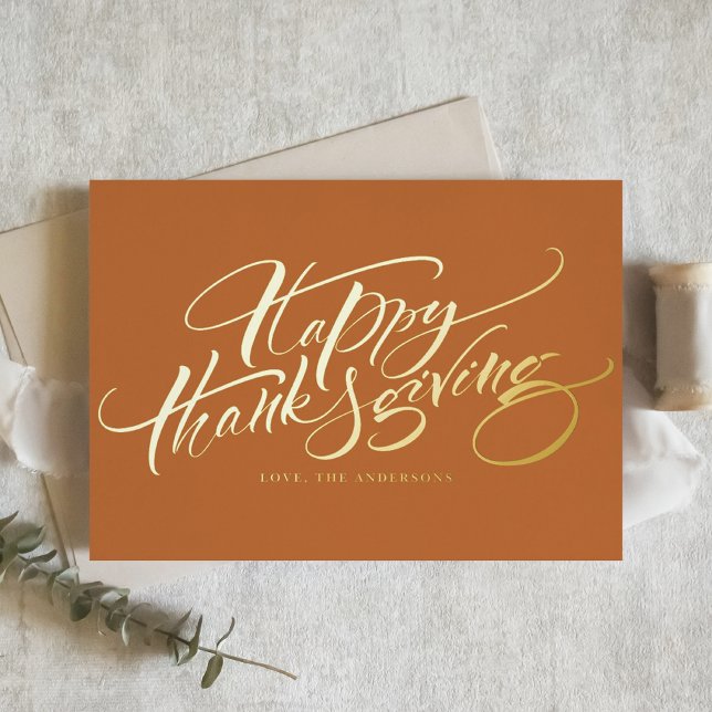 Orange Modern Calligraphy Happy Thanksgiving Foil Greeting Card (Creator Uploaded)