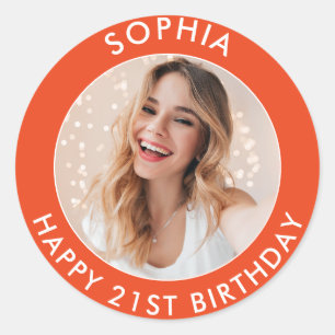 Orange Modern Colorful Happy 21st Birthday Photo Classic Round Sticker
