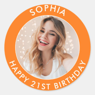 Orange Modern Colorful Happy 21st Birthday Photo Classic Round Sticker