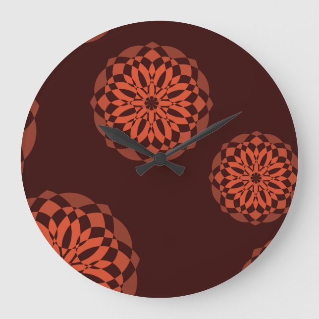 Orange, modern, decorative, geometric flowers large clock (Front)