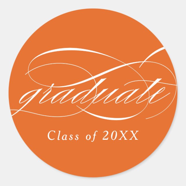 Orange Modern Elegant Script Graduation Classic Round Sticker (Front)