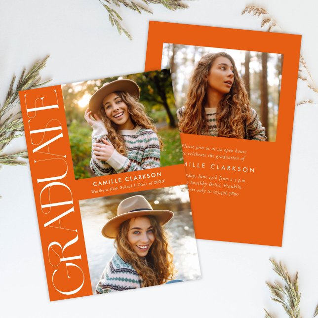 Orange Modern Elegant Three Photo Graduation Invitation (Creator Uploaded)