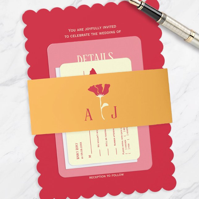 Orange Modern Flower Wedding Invitation Belly Band (Creator Uploaded)