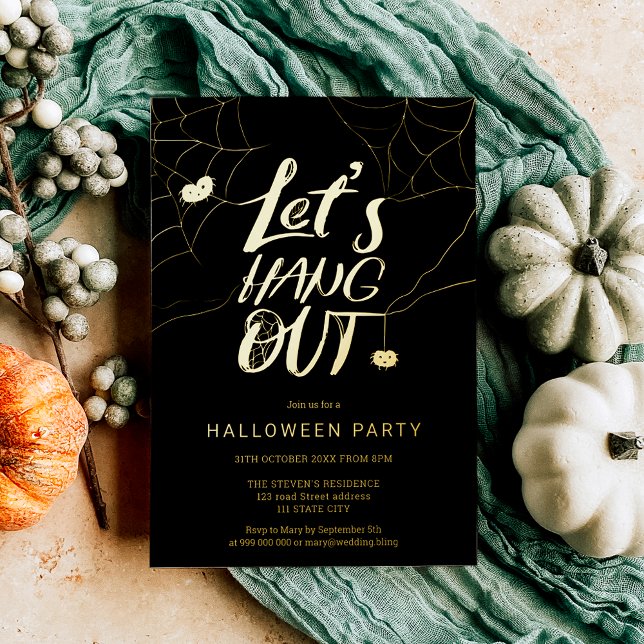 Orange modern Halloween spider hang out script Foil Holiday Card (Orange modern Halloween spider hang out script Foil Holiday Card)