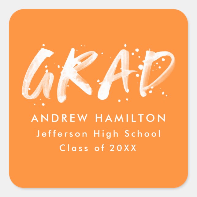 Orange | Modern Paint Splatter Graduation Square Sticker (Front)