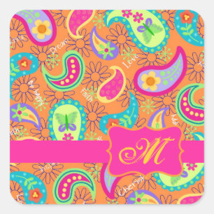 Orange Modern Paisley Whimsy Pattern Square Sticker