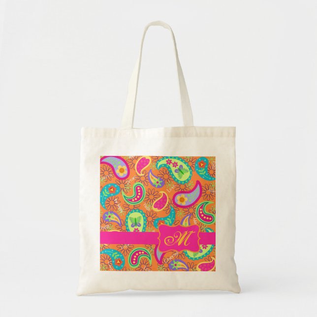 Orange Modern Paisley Whimsy Pattern Tote Bag (Front)