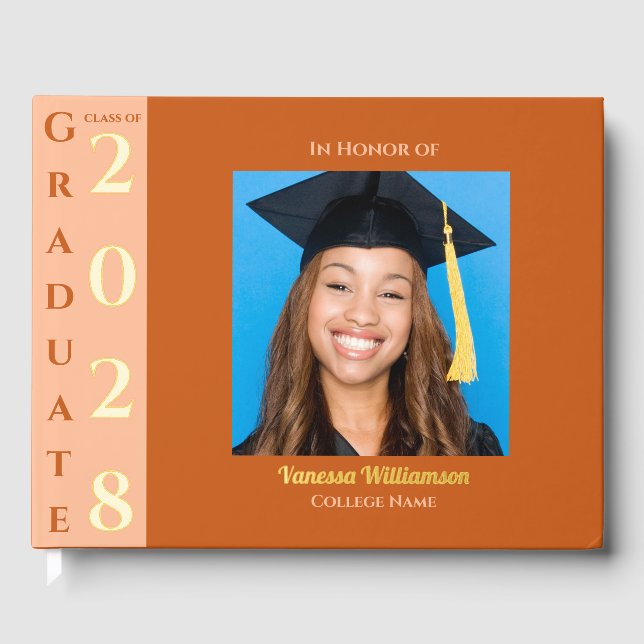 Orange Modern Photo Graduation Party Gold Foil Gue Guest Book (Front)