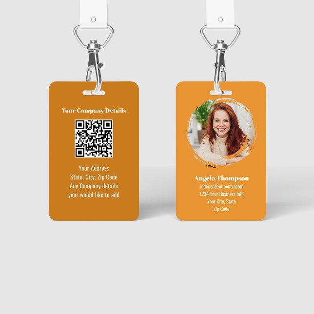 Orange Modern Photo QR Code Employee ID Badge (Orange employee photo ID badge with QR code template.)