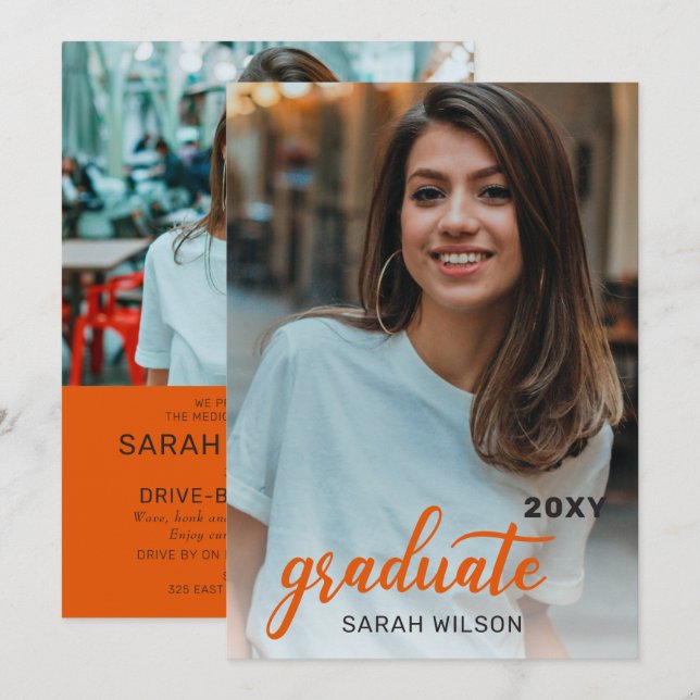 Orange Modern Script Graduate Two Photos Drive By  Invitation (Front/Back)