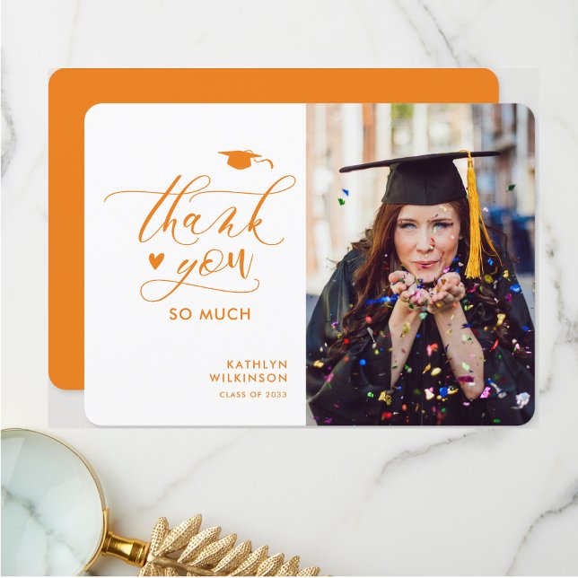 Orange Modern Script Photo Minimalist Graduation Thank You Card (Creator Uploaded)