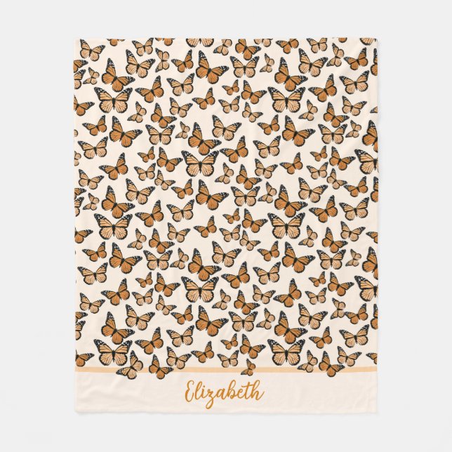 Orange Monarch Butterflies Custom Name  Fleece Blanket (Front)