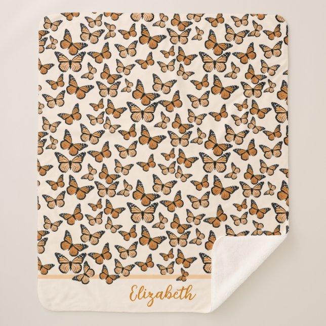 Orange Monarch Butterflies Custom Name  Sherpa Blanket (Front)