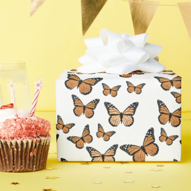 Orange Monarch Butterflies Pattern Wrapping Paper (Birthday Party)