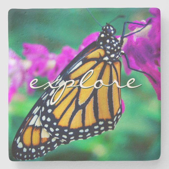Orange Monarch Butterfly Explore Script Modern Stone Coaster (Front)