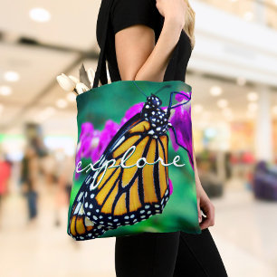 Orange Monarch Butterfly Explore Script Modern Tote Bag