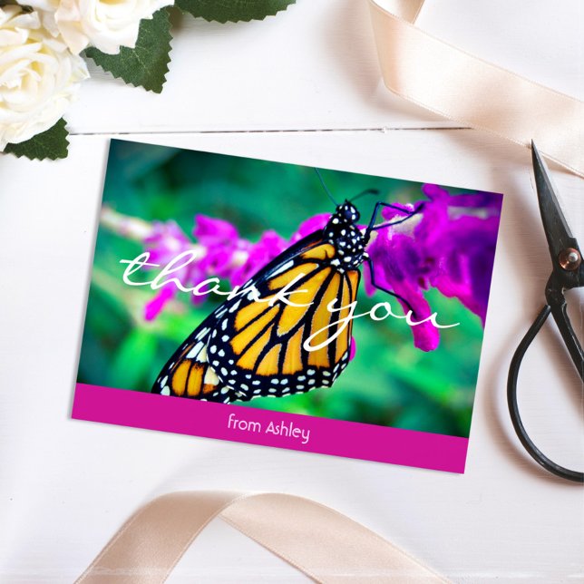 Orange monarch butterfly photo custom name modern thank you card (Creator Uploaded)