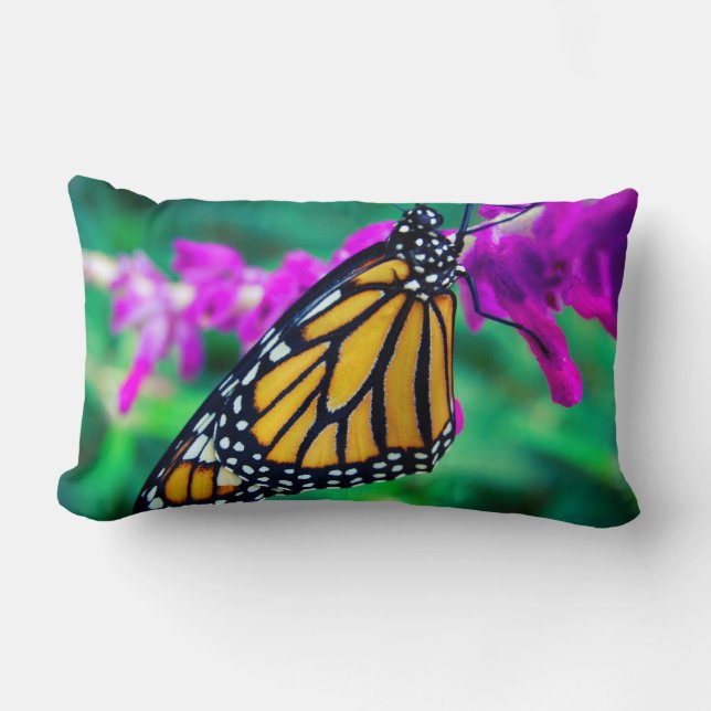 Orange monarch butterfly photo purple flower bold lumbar cushion (Front)