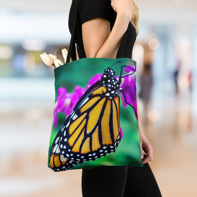 Orange monarch butterfly photo purple flower chic tote bag (Creator Uploaded)