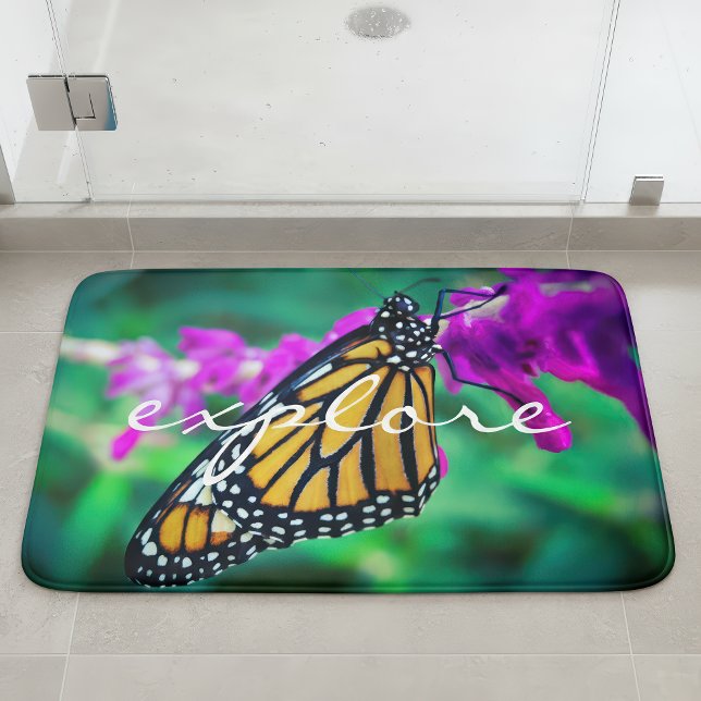 Orange Monarch Butterfly Photography Explore Quote Bath Mat (Creator Uploaded)