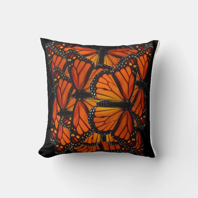 ORANGE MONARCH BUTTERFLY WINGS  BLACK MODERN ART CUSHION (Front)