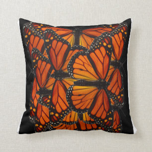 ORANGE MONARCH BUTTERFLY WINGS  BLACK MODERN ART CUSHION