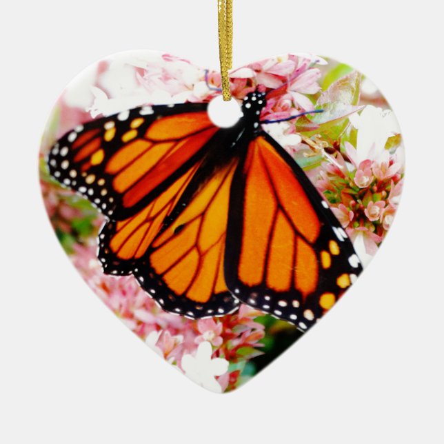 Orange Monarch on pink flowers Ceramic Tree Decoration (Front)