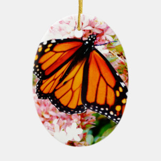 Orange Monarch on pink flowers Ceramic Tree Decoration