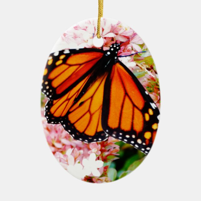 Orange Monarch on pink flowers Ceramic Tree Decoration (Front)